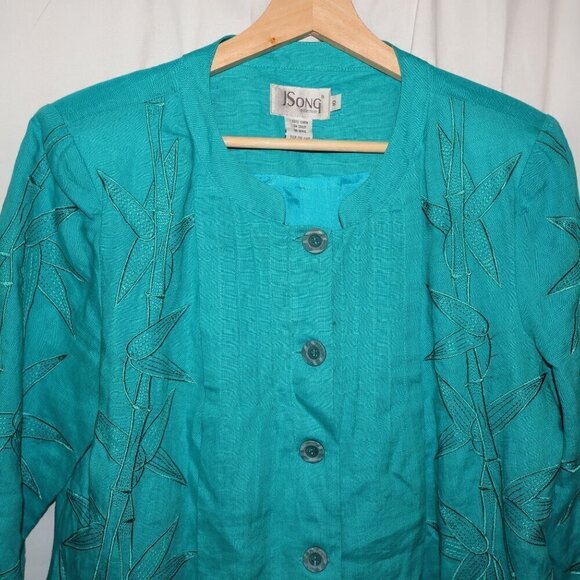 J Song 100% Linen Jacket Embroidery 3/4 Sleeves Button Up No Collar Size 10 - Picture 5 of 15